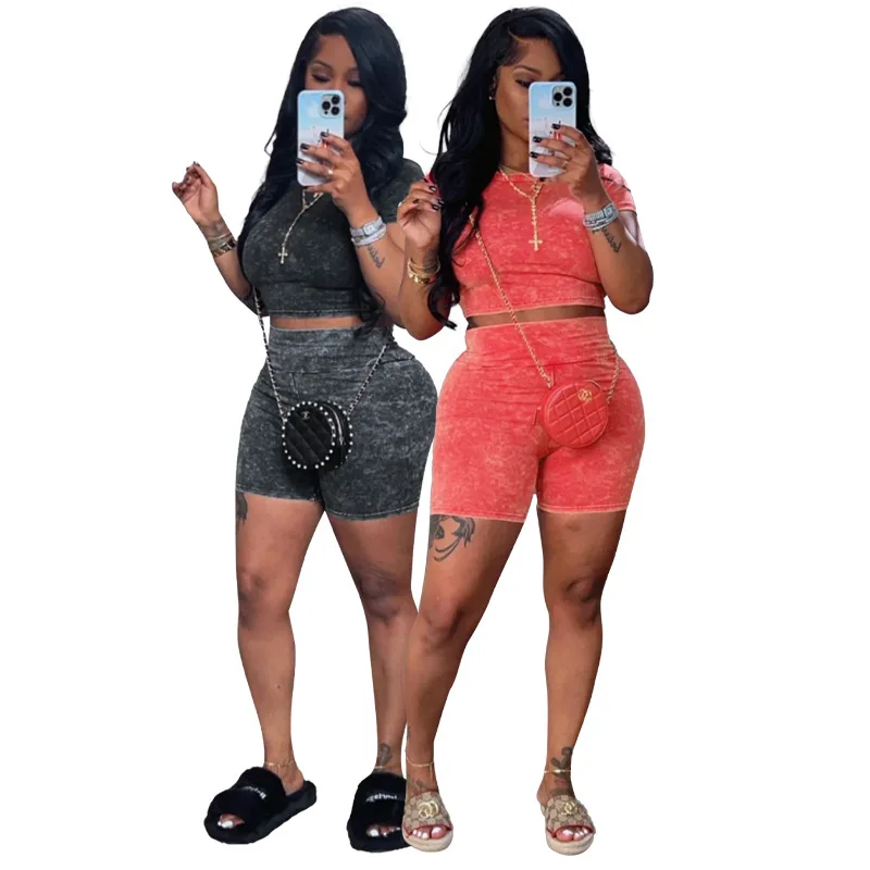 

American European New Fashion Women's Solid Color Washed Casual Trendy Slim 2 Piece Sets Short Sleeve T-shirts Shorts Female