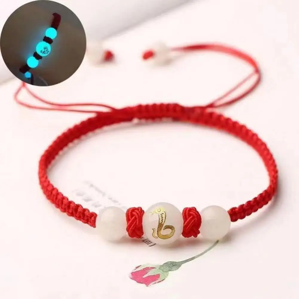 2025 Chinese Snake Year Lucky Red Rope Bracelet Braided Hand Chain Luminous Stone Adjustable Handwoven Wristband Bracelet