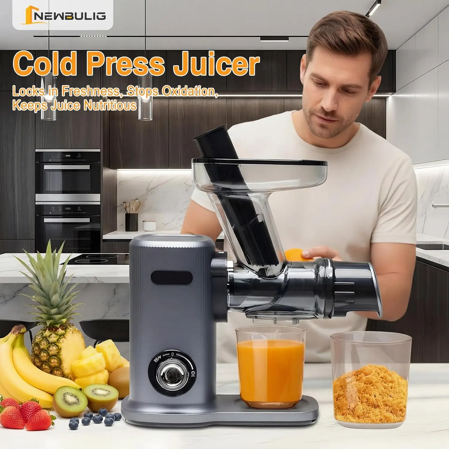 Slow Masticating Juicer, Cold Press with 5.9-Inch Wide Feed Chute for Whole Fruits and Vegetables, Reverse Function, Dishwasher-