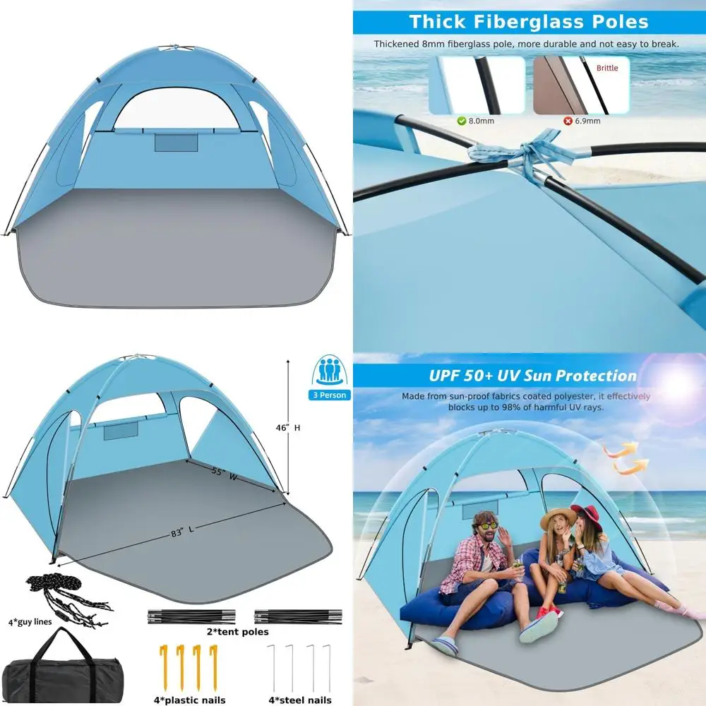 

Портативный пляжный солнцезащитный козырек с защитой от ультрафиолета UPF 50+ для 2-3 человек, простая установка, 3 свернутых двери, прочная кабина для улицы Ш