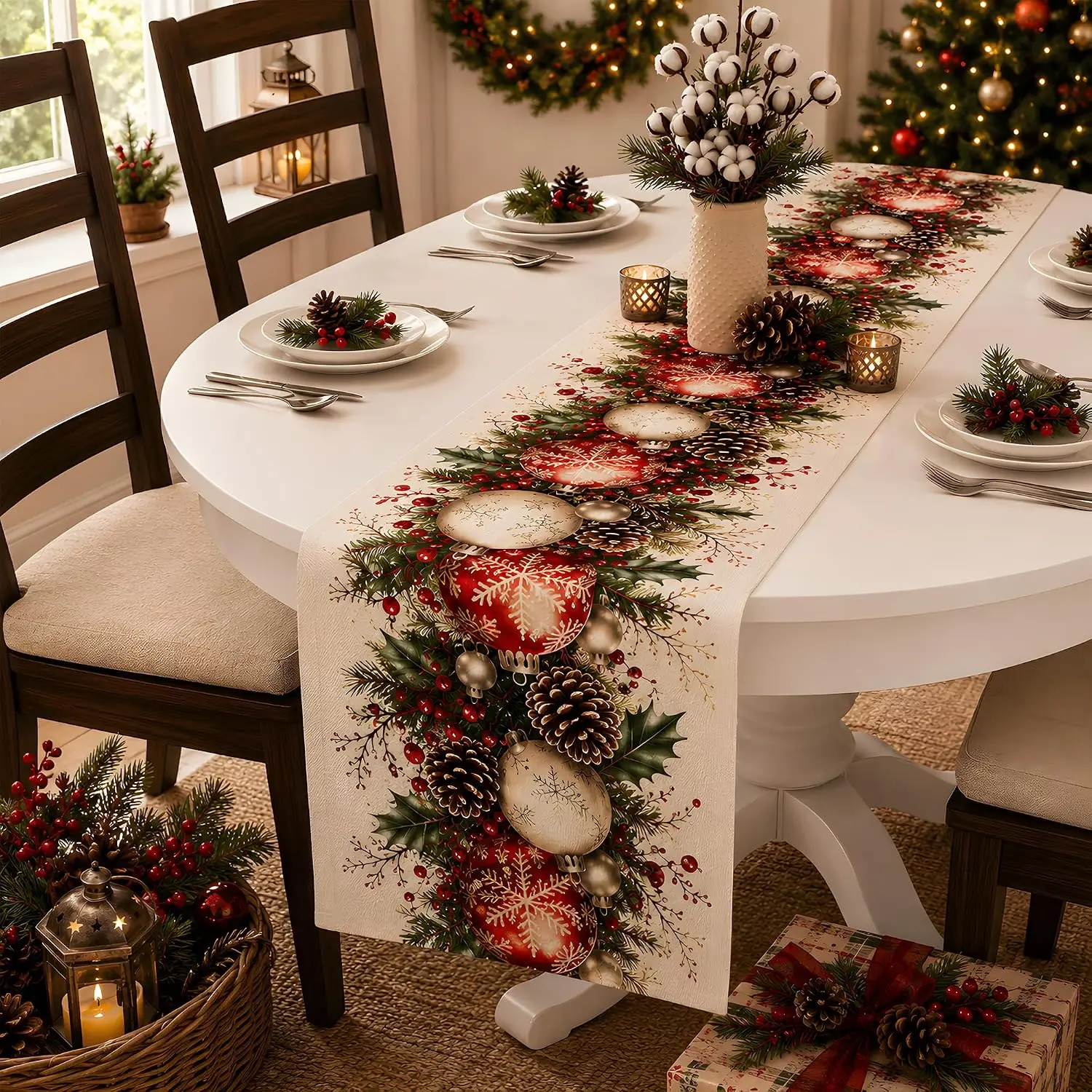 Christmas Decorations Xmas Balls Snowflake Pine Cone Table Runner Vintage Christmas Ornament Table  Backdrop Indoor Outdoor