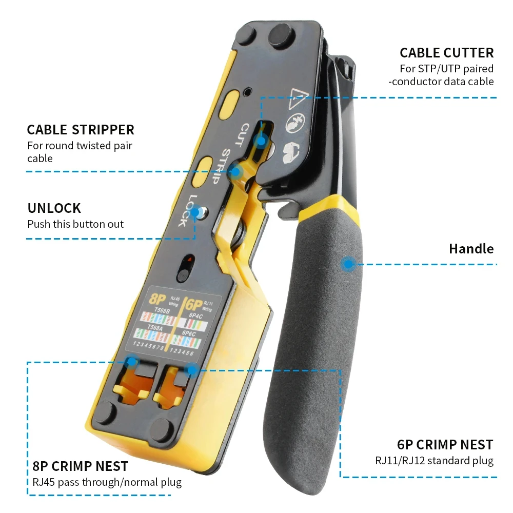 RJ45 Crimp Tool Pass Through Ethernet Crimping Tool for Cat6 Cat5 Cat5e RJ45 Connectors Wire Stripper Cable Crimping Pliers