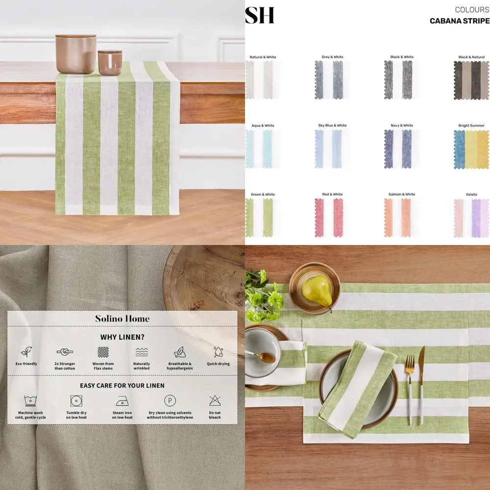 

Green and White Striped 100% Pure Linen Farmhouse Table Runner, 14x120 Inches for Dining