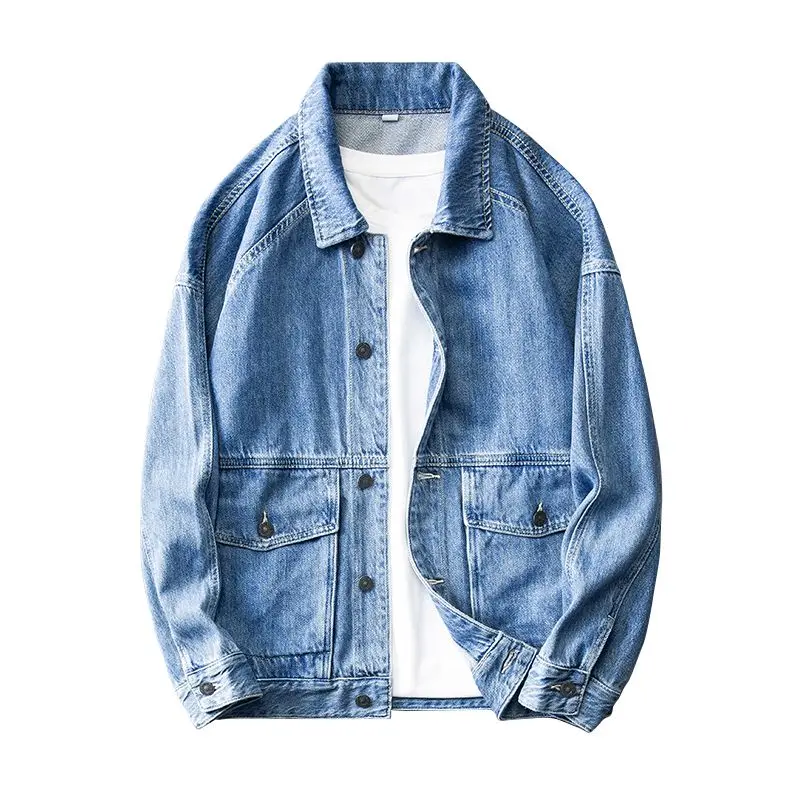 

Men's Causal Denim Jacket Gray Autumn Wide Shoulders Fashion Male Jean Coat with Embroidery Japanese Y2k Clothing Big Size Baggy