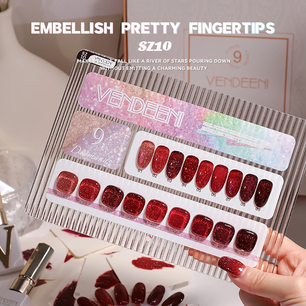 Vendeeni 9 Farben/Set Roter Glitzer-Broken-Diamond-Gel-Nagellack TPO HEMA-FREI Glitzer UV LED Soak-Off Gel-Lack mit Display – Detail 6