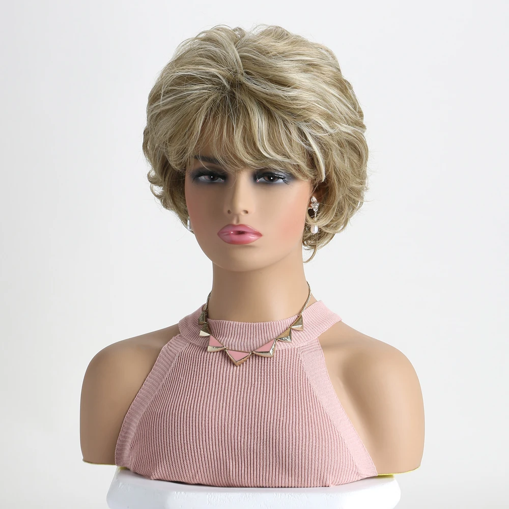 Parrucche sintetiche corte ricce con frangia per donna Parrucca dorata mista Capelli morbidi naturali per mamma per l'uso quotidiano Festa in costume
