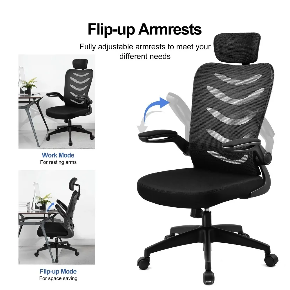 Gaming Office Chair Ergonomic High Back Executive Adjustable With Headrest Flip-Up Armrests Black Computer Armchair Furniture