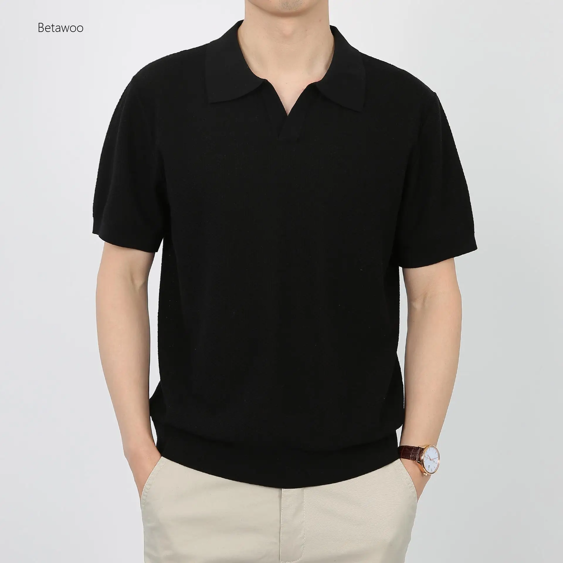 Casual Knit Polo Shirt for Men Black Short Sleeve V-Neck Collar Top