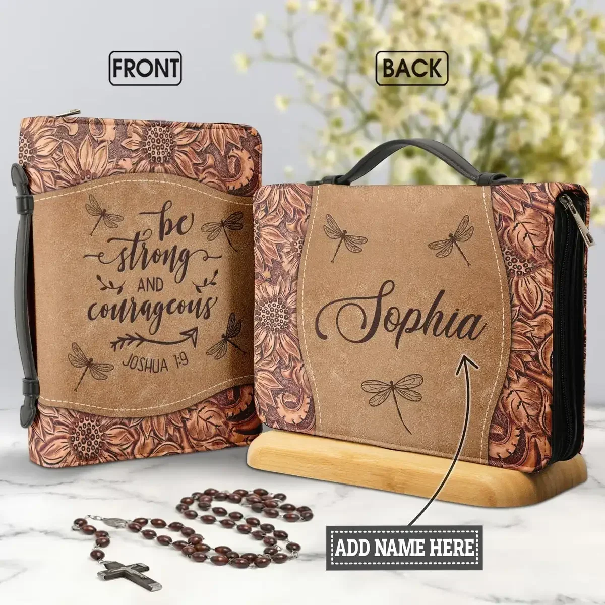 

Luxury Brand Women's Bible Bag Be Strong And Courageous Verse Print Dragonfly Design Female PU Leather Bible Cover Personalized