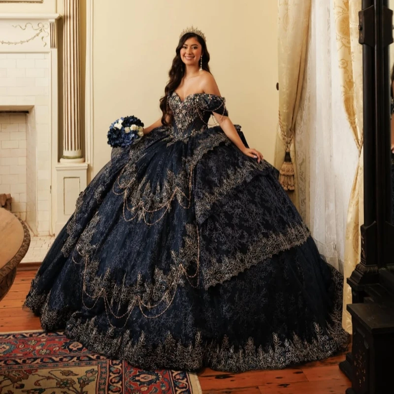 

Navy Blue Shiny Ball Gown Quinceanera Dresses Applique Lace Beading Crystal Tiered Tull Bow Corset Off The Shoulder Sweet 16