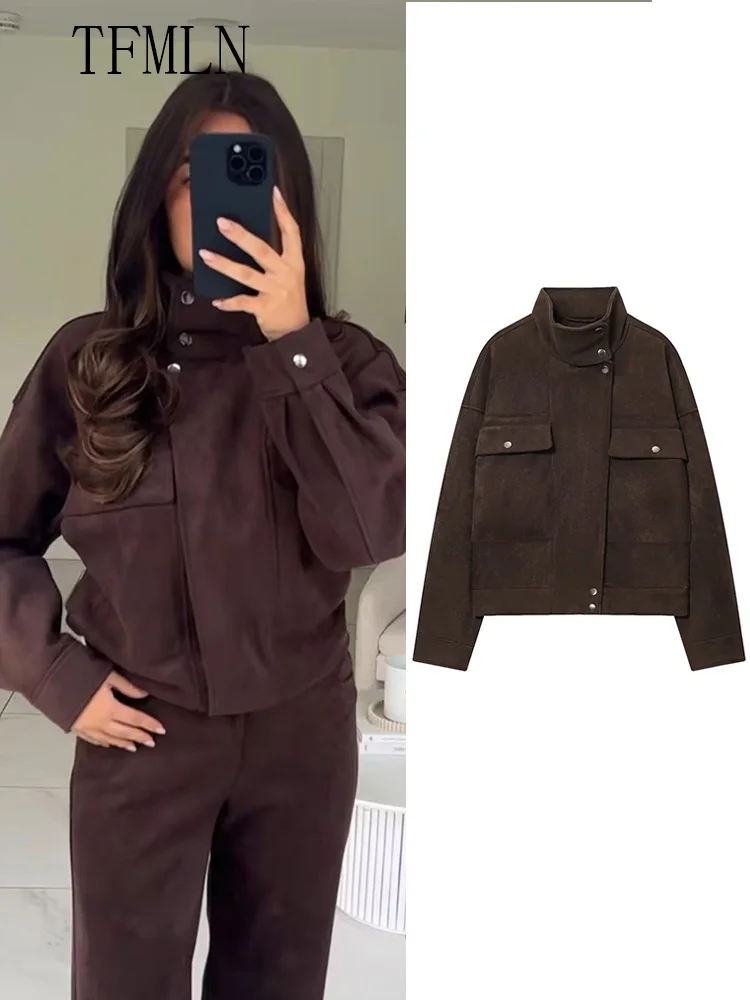 

Винтажные женские повседневные куртки, осень 2021, модные шикарные пальто на молнии с длинными рукавами и уличным стилем, воротник-стойка, карманы, женская верхняя одежда