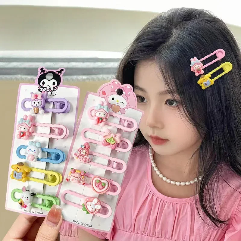 5 buah klip rambut Sanrio Hello Kitty untuk wanita lucu kartun Kuromi Cinnamoroll mode Gadis bebek klip hadiah Aksesori rambut