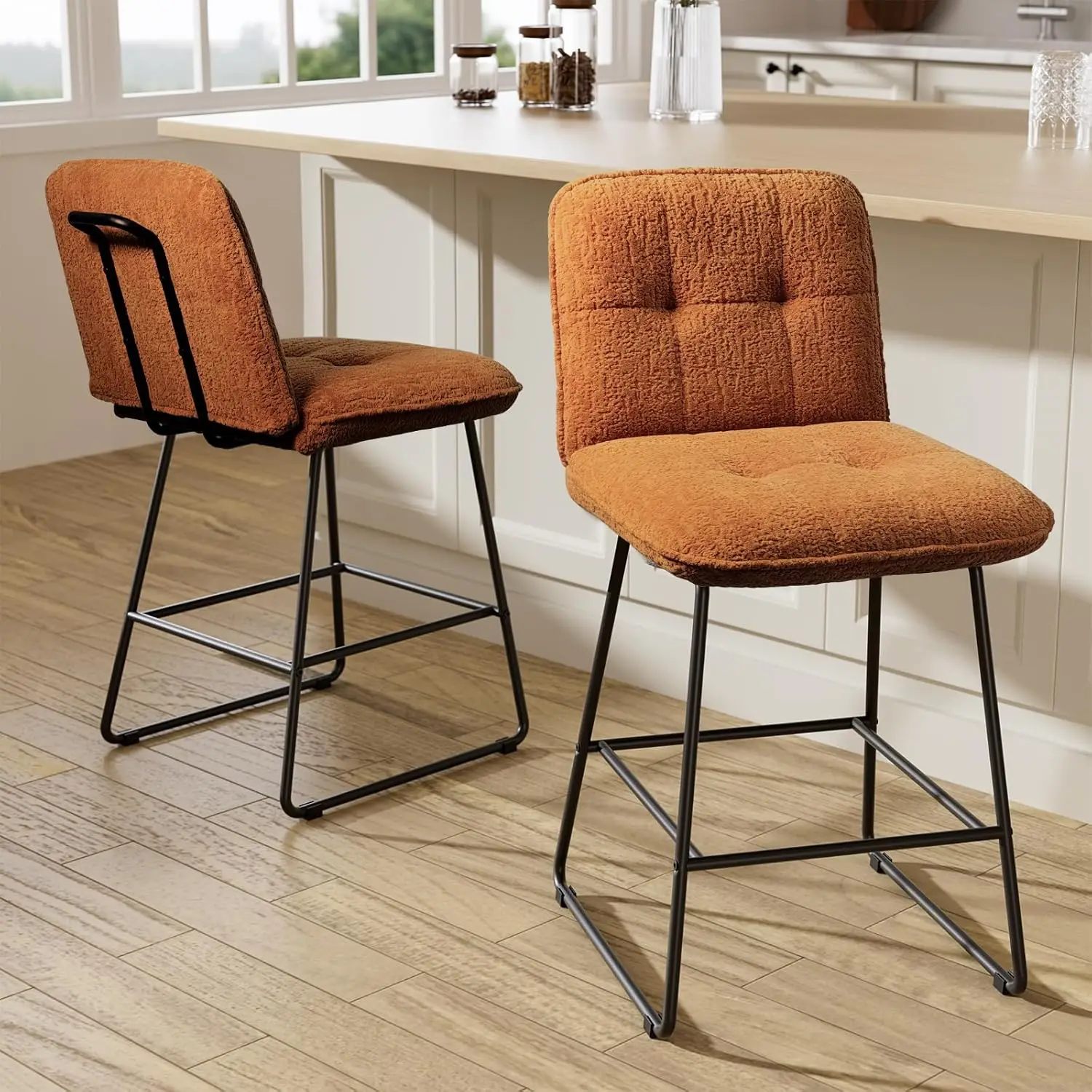 Brown Bar Stools Set Of 2, 26 Inch Counter Height Bar Stools With Back, Wide Seat Fabric Modern Barstools For Kitchen Island Wit