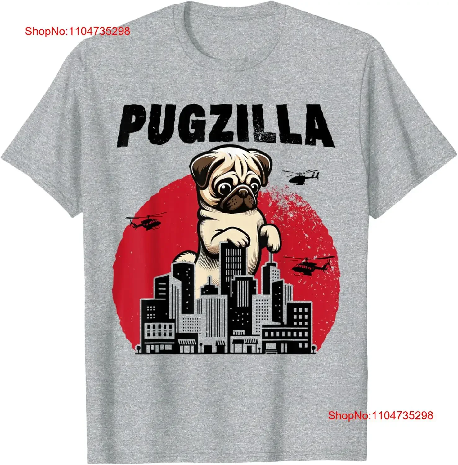 Pugzilla divertido gigante Pug cachorro en clásico Horror Japón ciudad camiseta vintage lavado Casual versátil transpirable