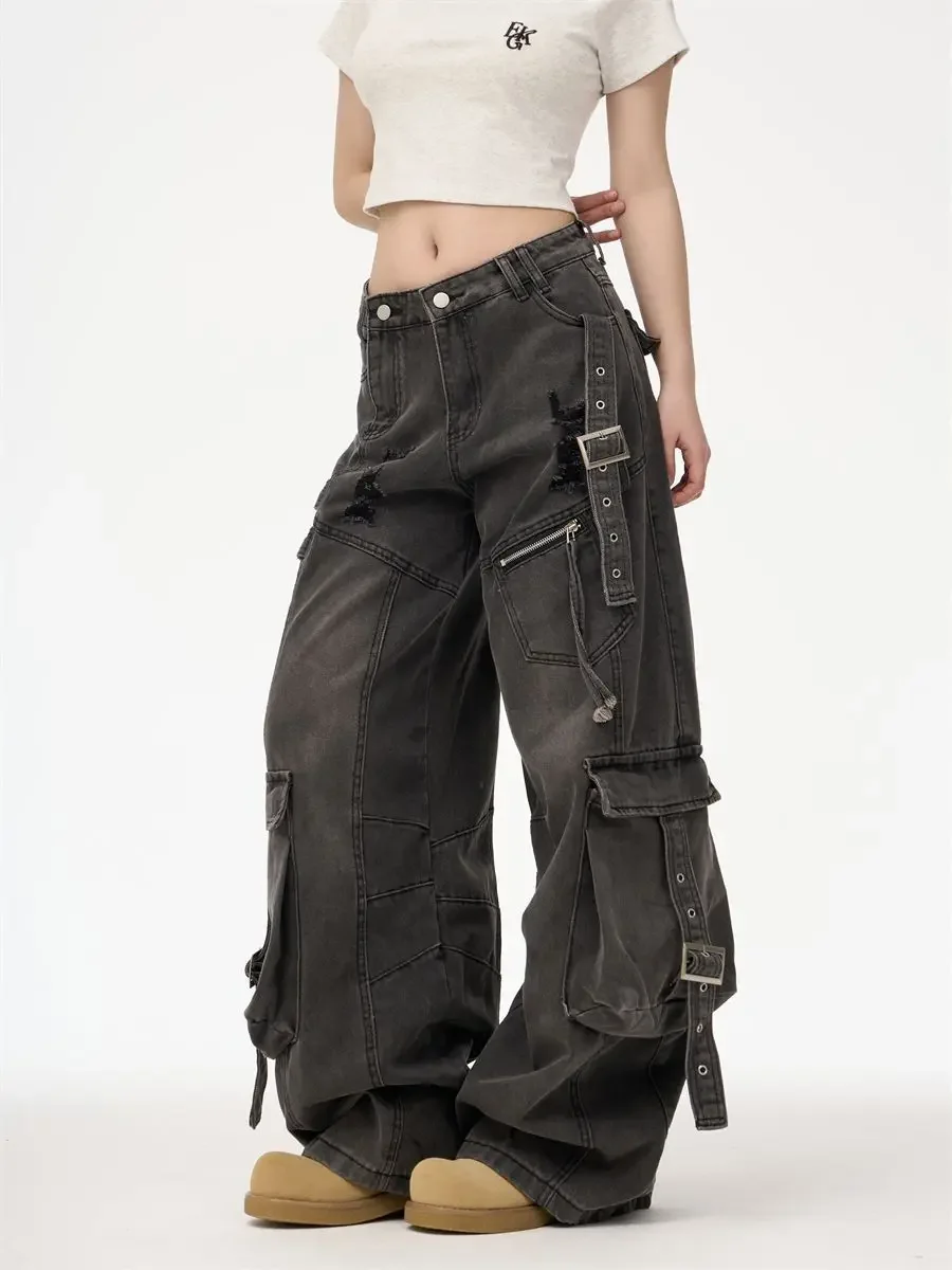 Pants for women ins trendy multi-pocket workwear jeans for men loose straight wide legs high street American deconstructed feel