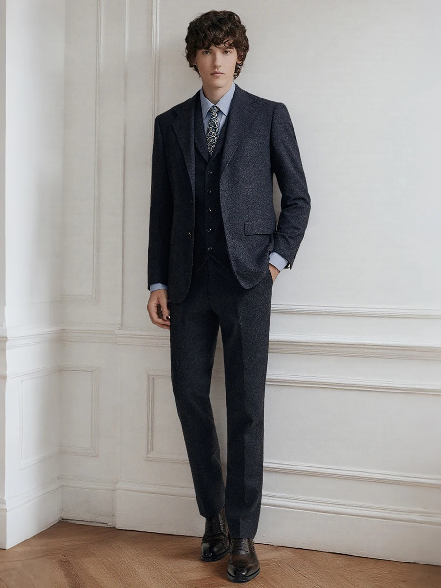 بدلة رجالية من الصوف الرمادي الفاخر 55% مكونة من 3 قطع، بدلة زفاف شتوية، 2025 نمط جديد ملابس رسمية لحفلات عيد الميلاد ملابس رسمية 58