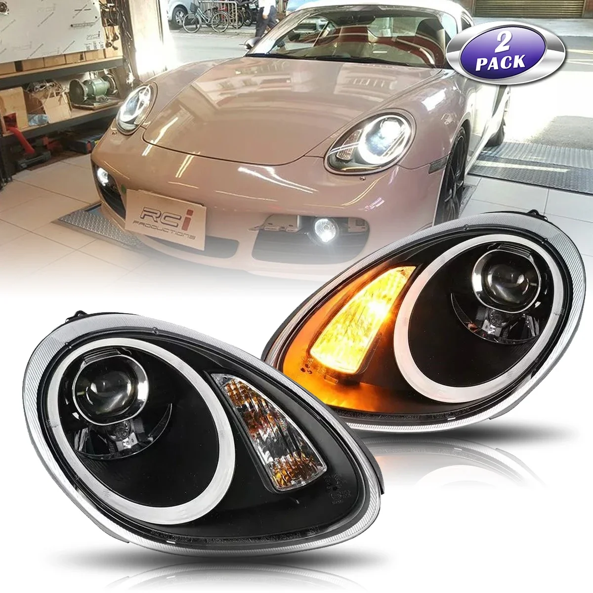 

Car Light For Porsche 987-Series 2005-2008 Boxster Cayman Halogen Model OLED Neon Tube Black Housing Projector Headlamp Assembly