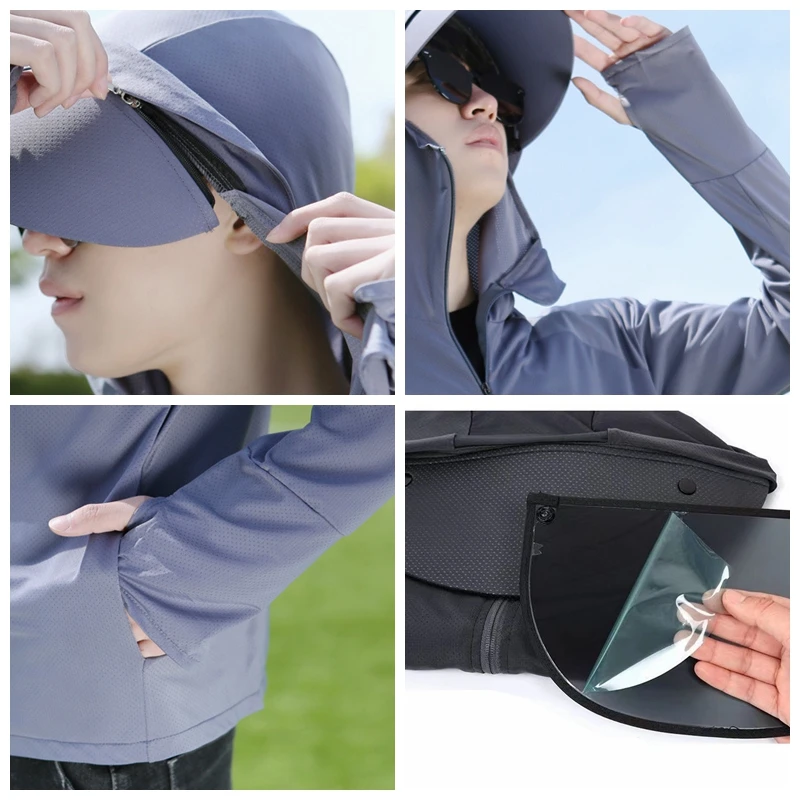 (L-3XL)Anti-UV Removable Hat Brim+Lens Camping Hiking Fishing Jacket Men Teens Cycling Running Sun-Protective Sport Coat