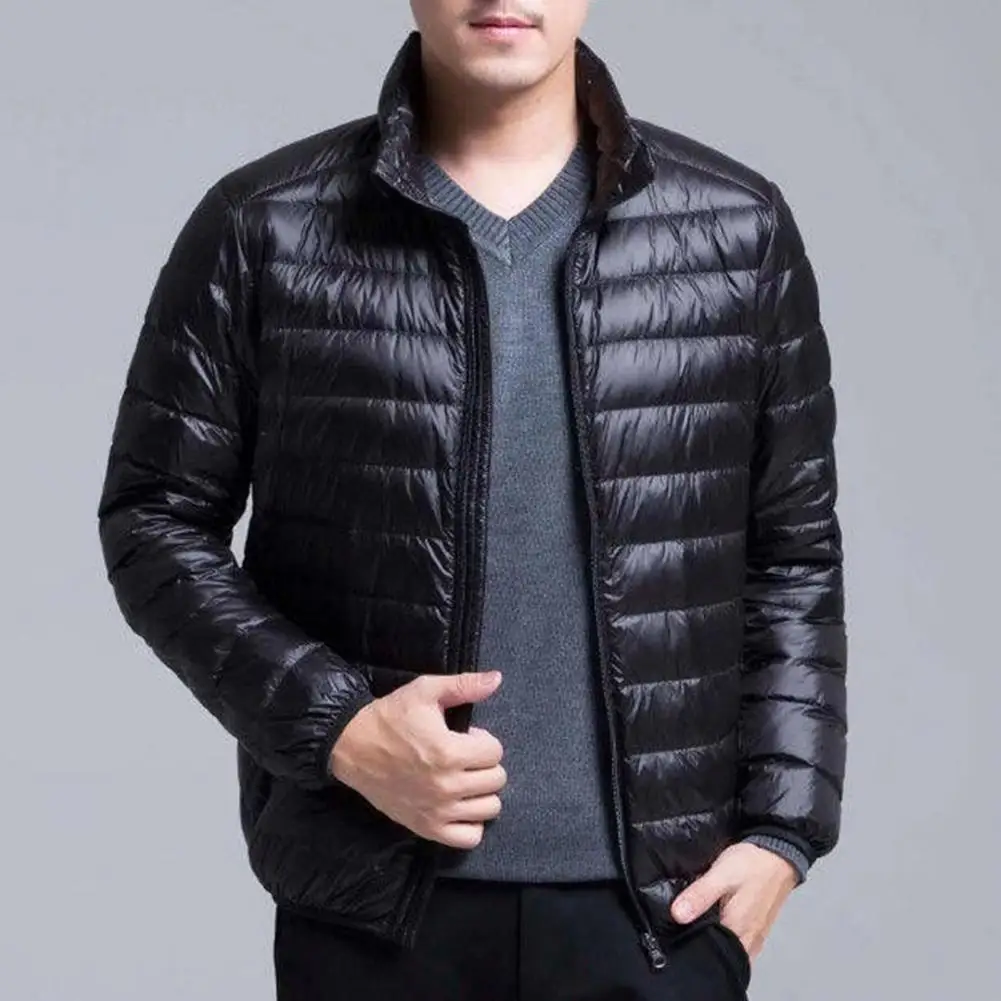 Jaqueta leve acolchoada masculina, casaco monocromático, gola alta, com zíper, design acolchoado, outwear para outono e inverno