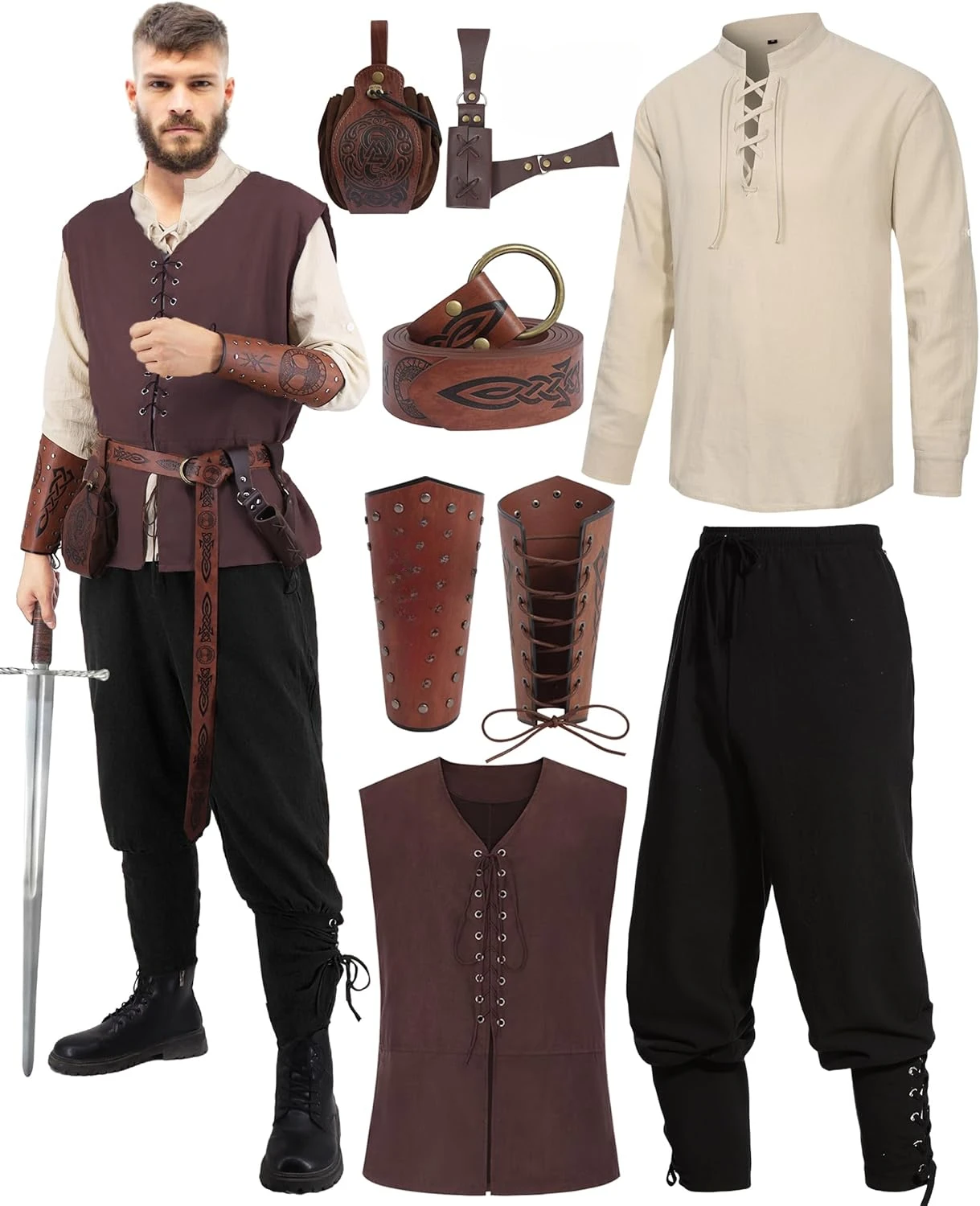 Oumbivil 8 Pcs Mens Renaissance Costumes Medieval Pirate Set Adult Halloween Costume Shirt Viking Vest Pants with Accessories