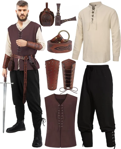 Oumbivil, 8 Uds., disfraces renacentistas para hombres, conjunto de pirata Medieval, disfraz de Halloween para adultos, camisa, chaleco vikingo, pantalones con accesorios