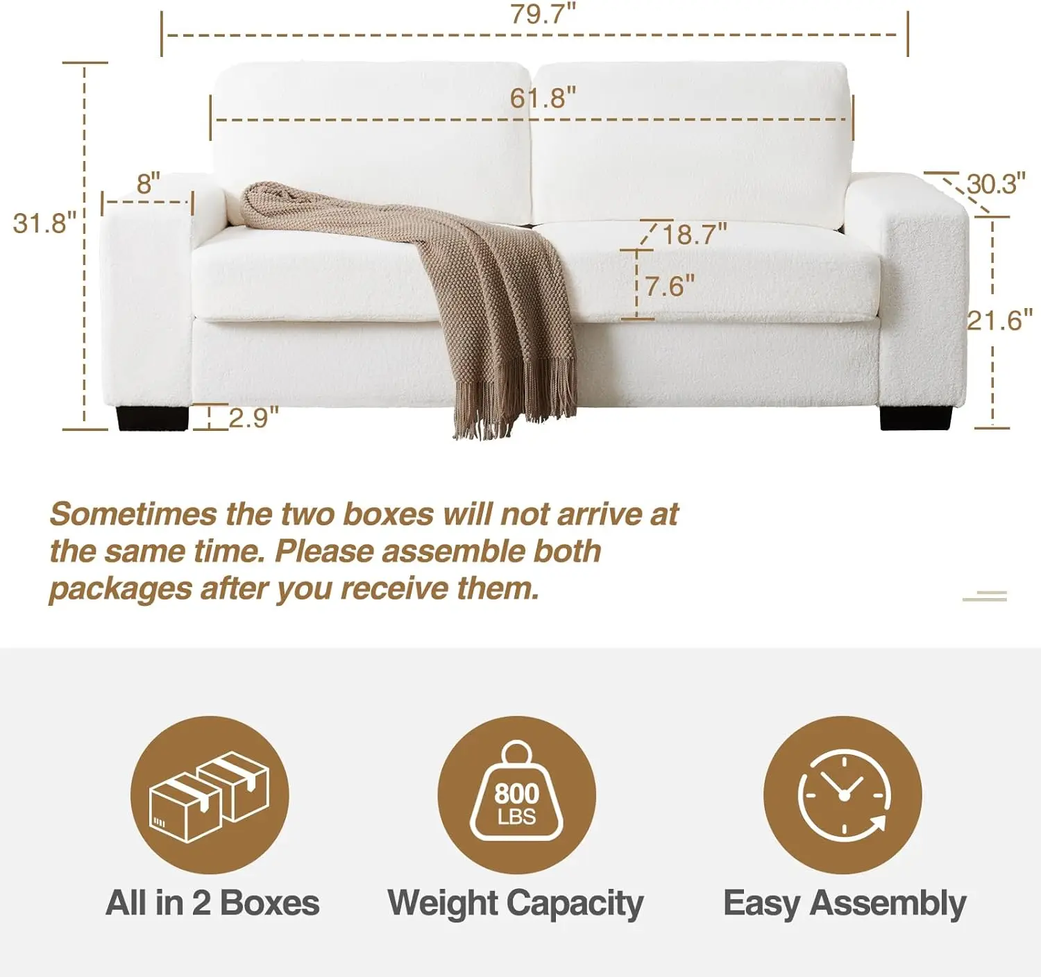 Comfy Couch, 79-inch Love Seat Couches, Cream Couch, Deep Seat Sofa with Charging Ports and Solid Wood Legs, Cloud Couch Sofa,