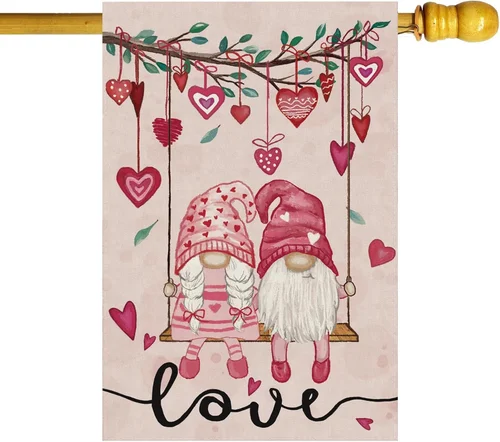 Valentine’S Day Romantic Swing Gnome Love Hearts House Flag Big Large Burlap 28X 313051429479 AAV hhz