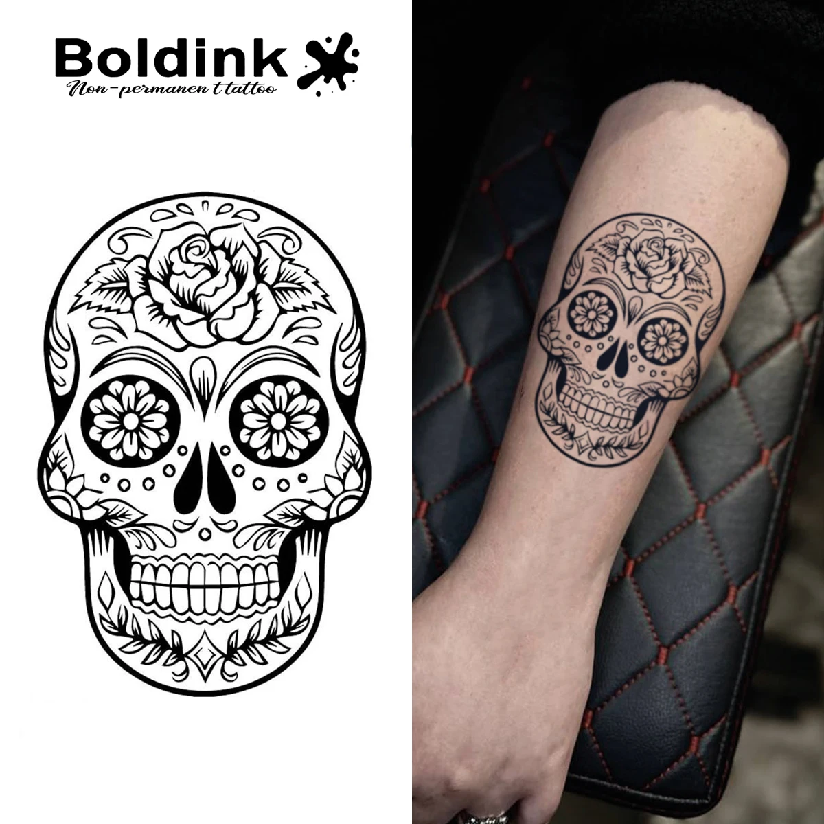 

Boldink non-permanent tattoo technology sugar skull inspired design Day of the Dead tattoo waterproof for 1-2 weeks.