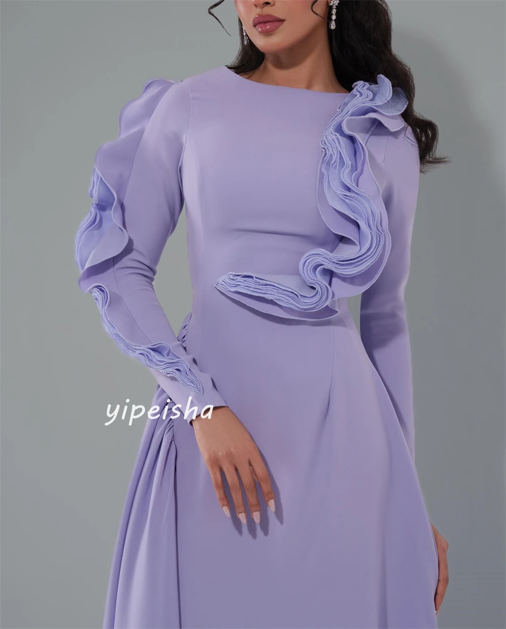 Jersey Ruched Formal Evening A-line O-Neck Bespoke Occasion Gown Midi Dresses