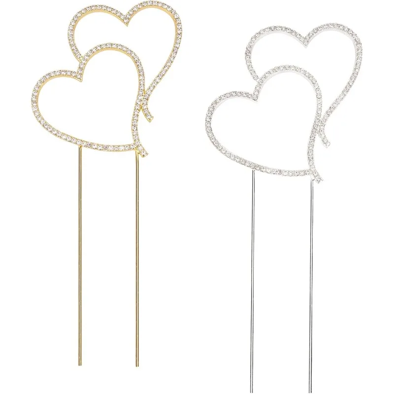 2 Stück Herz Strass Kuchen Topper Gold & Silber Doppel herz für Hochzeits feier Jubiläum Valentinstag Kuchen Dekor Zubehör