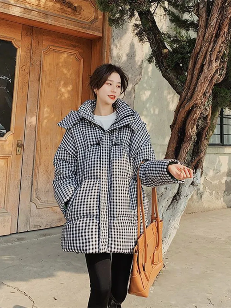 

Women's Hooded Plaid down Cotton Jaet Loose Fit Hong Kong Sle Bread Coat Winter Commute Faion Korean Version Crystal Xu