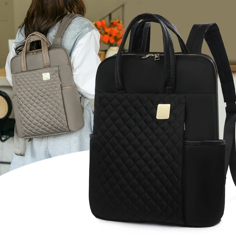 Fashion Plaid Backpack Women Waterproof Nylon Daypack Commuter Laptop Bag Lightweight Student Schoolbag Large Travel Rucksack