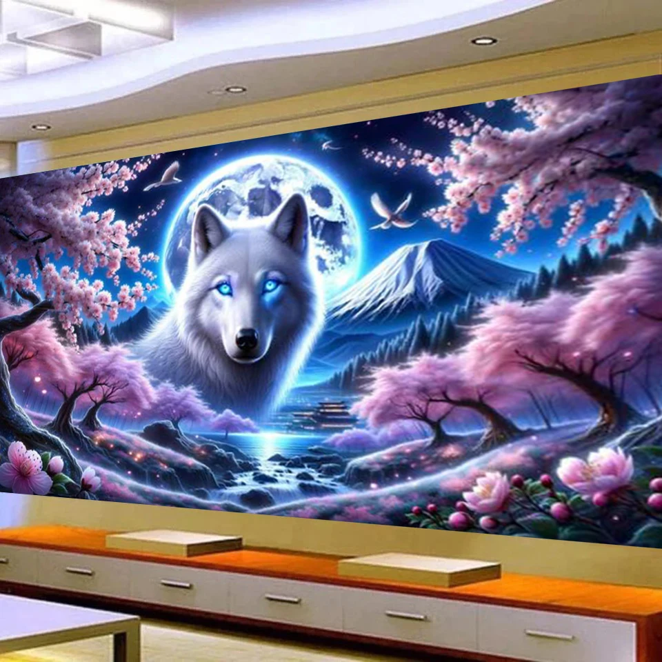 Dream White Wolf Wonderland,DIY Diamond Painting Moon Night Pink Tree Large Size Mosaic Diamond Embroidery,Cross Stitch Kit