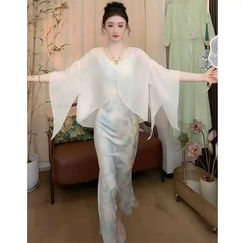 

Retro Ladies Sle Ice Silk Chiffon Summer New Faion Beautiful Flared Sve Open Split oulder awl Coat for Women