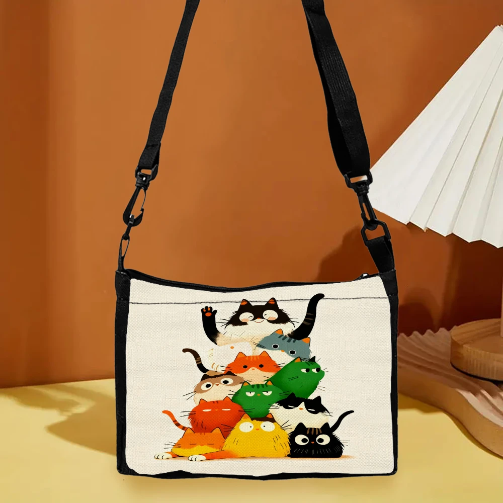 1pc Cat Stack Crossbody Bag Cream Color Cute Cartoon Cats Pattern Shoulder Bags For Women Girls Daily Use Travel School Work Cas