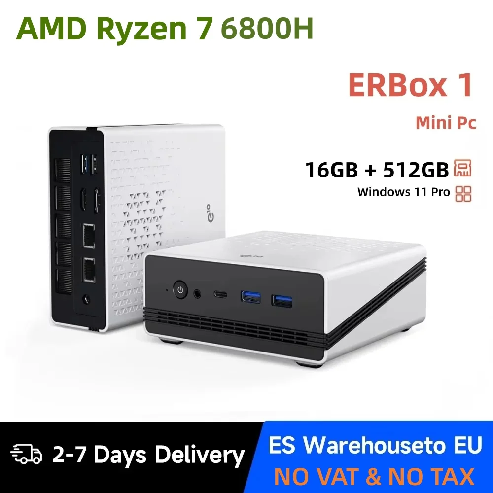 ERBox 1 Mini PC AMD R7 6800H 16GB LPDDR5 512GB M.2 PCIE3.0 SSD Max 4.7GHz WiFi6 BT5.3 Obsługa do 4K Windows 11 Pro Komputer Mini PC