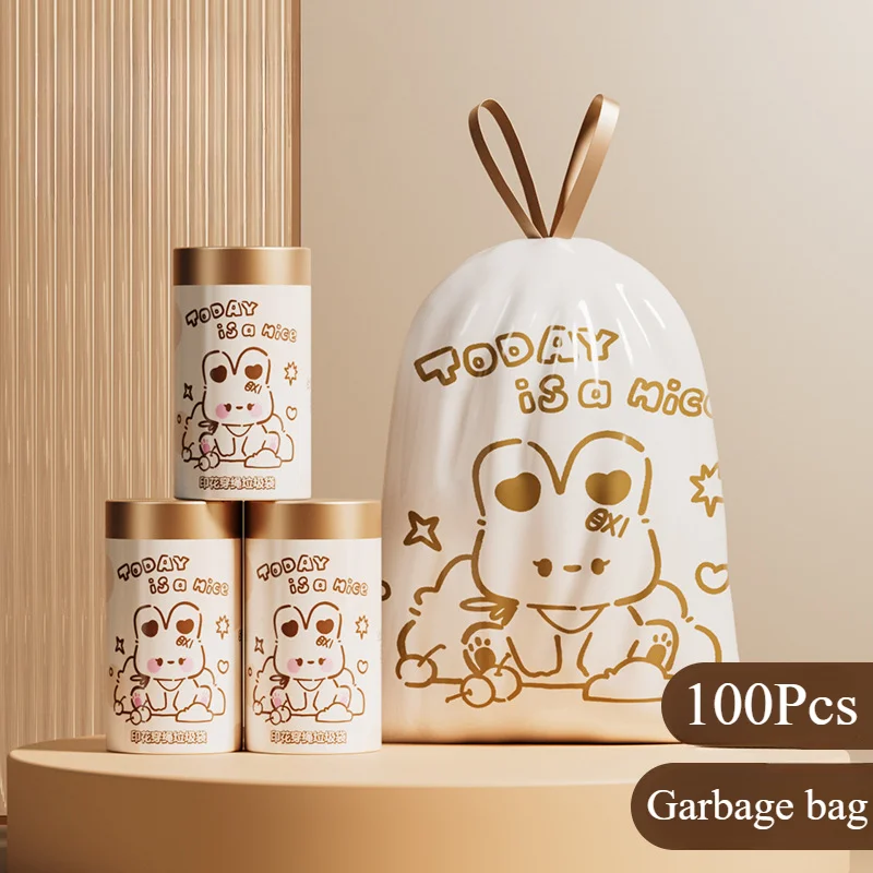 Cute bear printed drawstring garbage bag, large-capacity thickened leak-proof automatic closing garbage bag in household kitchen