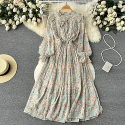 Elegant Long Sleeves Vintage V-neck Lace-up Chic Print Slim Fairycore Pleated Dresses French Evening High Street Autumn Clothing