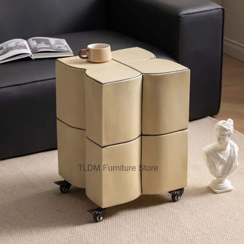 Abstract Curved Block Rolling Side Table Geometric Segmented Accent Cabinet with Silent Casters Wabi-Sabi Mobile Sofa End Table