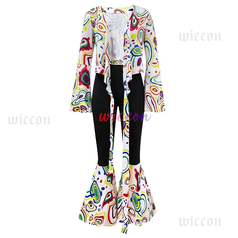 仮装パーティーヒッピーレトロ 70 年代平和印刷衣装衣装ロックディスコ男性女性ヒッピーベルボトム 코스프레 CostumeSuit