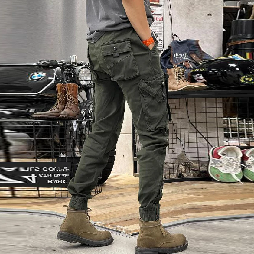 KIDWHXR Herren Cargo-Hose Taktische Arbeitshose Outdoor-Sport Freizeithose Einfarbige Hose mit Kordelzug und Taschen – Detail 5