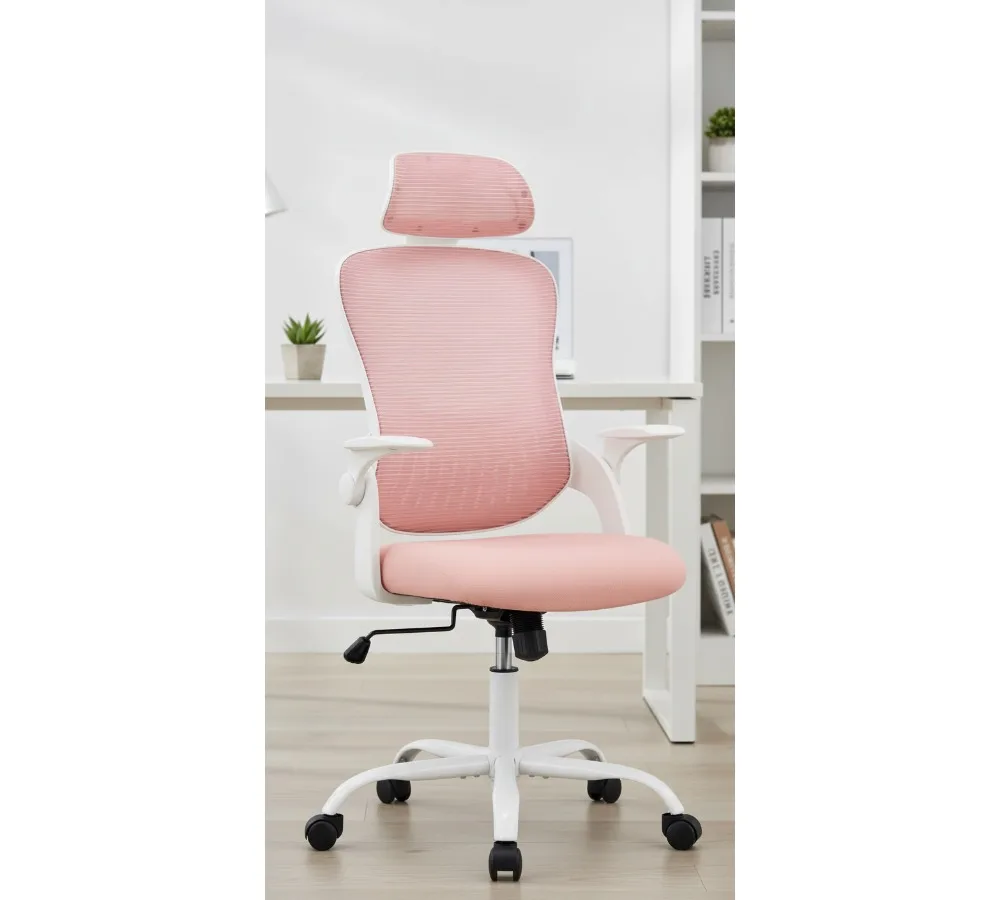 

Эргономичное офисное кресло с регулируемой поясничной опорой, откидными подлокотниками, рабочее кресло с высокой спинкой для игр в домашнем офисе, розовое