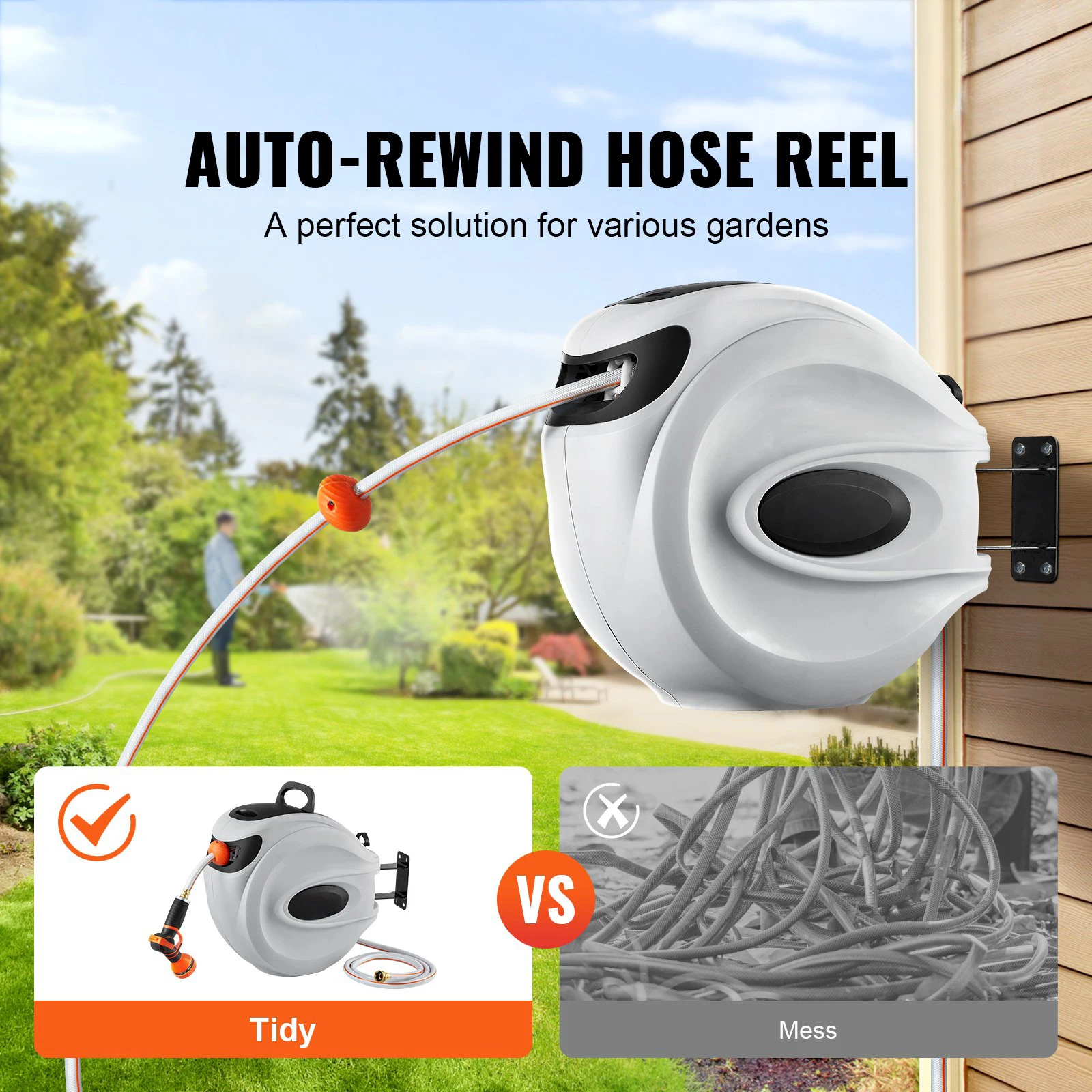 100 ft X 1/2' Retractable Hose Reel with 9-Pattern Nozzle, 180° Swivel Wall-Mounted Bracket, Automatic Rewind, Lock at Any Length & Slow Return System