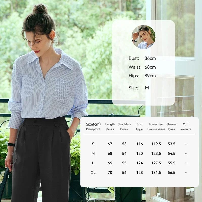 OLrain Blue Vertical Striped Shirt Womens Spring New French Style Cardigan Casual Loose Long Sleeve Workwear Tops O23QC80183