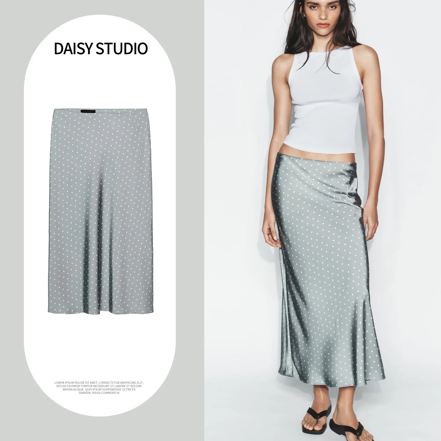 

Весна-Лето 2026: Новая женская модная юбка миди из шелкового атласа в горошек с высокой талией для повседневной носки и офиса, модель 8338401