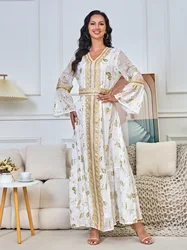 2024 Muslim Abaya Women Flare Sleeve V Neck Dubai Islamic Turkey kaftan marokańska biała suknia koktajlowa na studniówkę długie sukienki maxi