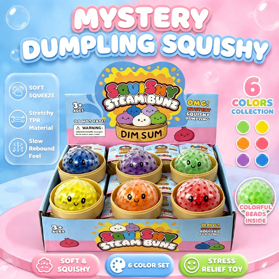 Transparent Colorful Dot Steam Bun Squishy With Bamboo Steamer Soft TPR Dough Ball Squeeze Toy Stress Relief Antistress Decor