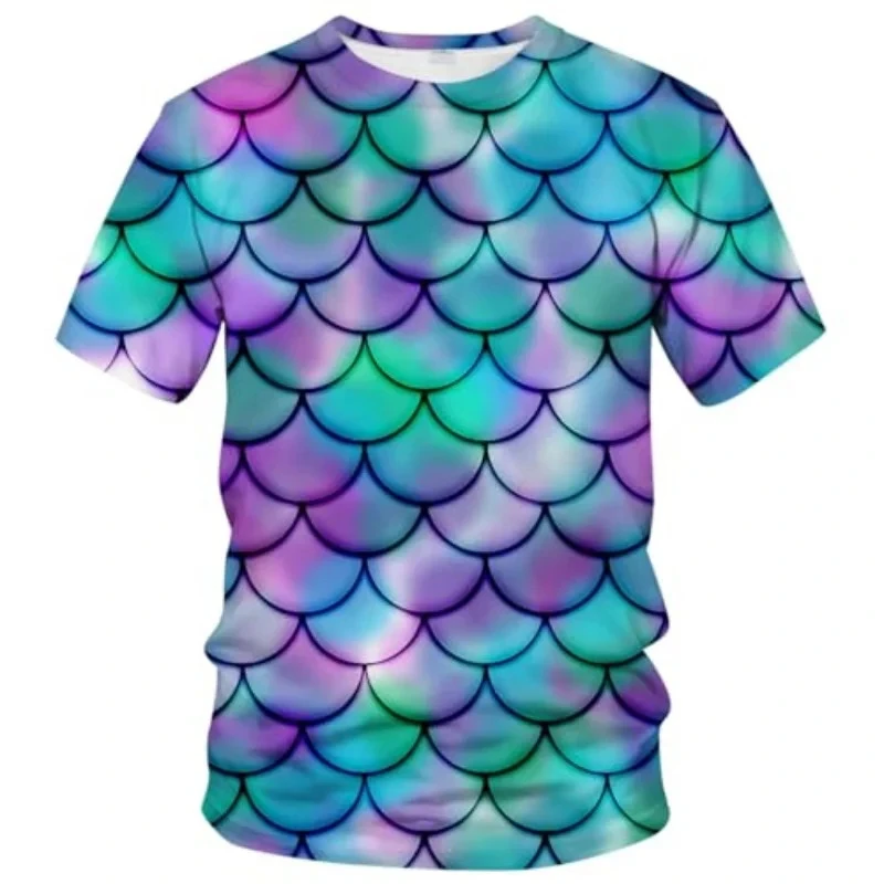 Camiseta con estampado 3D de escamas de pescado para hombre y mujer, camiseta de manga corta con cuello redondo y personalidad a la moda, camiseta informal para niño