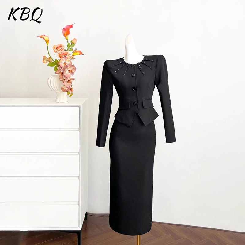 

KBQ Vintage Solid Slimming Spliced Button Dresses For Women Round Neck Long Sleeve Temperament Evening Dress Female Fashion New