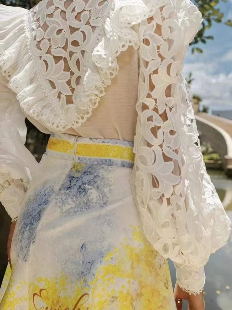 2024 Spring Summer Lace Long lantern sleeve shirt Women Fashion Patchwork hollow out bouse Solid tops Loose Vintage INKEO 3T209